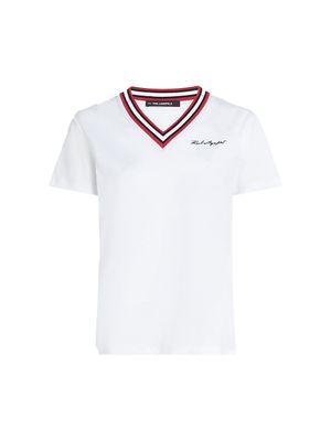 Camiseta Karl Lagerfeld con cuello en V y ribete tricolor para mujer