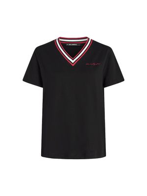 Camiseta Karl Lagerfeld con cuello en V y ribete tricolor para mujer