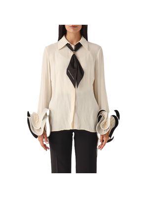 Blusa Elisabetta Franchi beige con pañuelo al cuello y puños decorativos para mujer