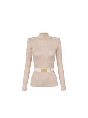 Blusa Elisabetta Franchi beige de cuello alto con cinturón para mujer