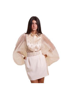 Body camisa Elisabetta Franchi beige rosado con mangas en tul y apliques decorativos para mujer
