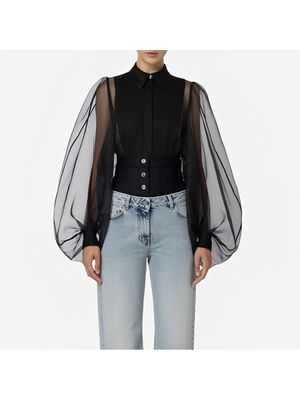 Body camisa Elisabetta Franchi negro con mangas rosadas en tul y diseño elegante para mujer