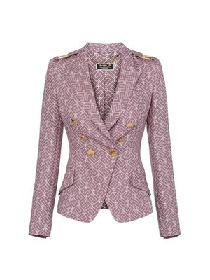 Chaqueta Elisabetta Franchi morada con estampado geométrico y botones dorados para mujer