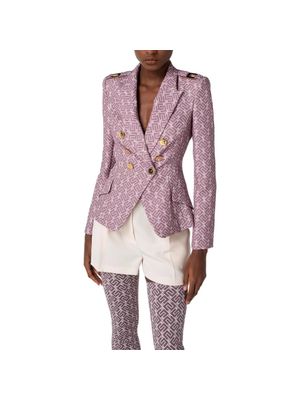 Chaqueta Elisabetta Franchi morada con estampado geométrico y botones dorados para mujer