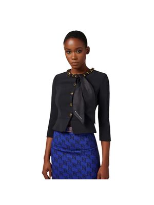 Chaqueta Elisabetta Franchi negra con cadena dorada y lazo frontal elegante para mujer