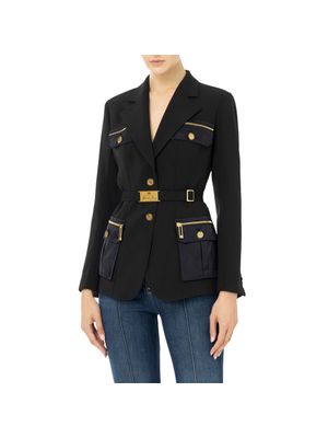 Chaqueta Elisabetta Franchi negra estilo utilitario con cinturón y detalles dorados para mujer