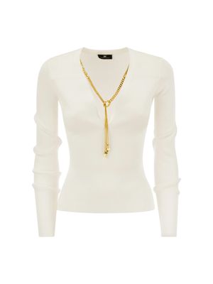 Sweater Elisabetta Franchi blanco con escote en V y collar joya para mujer