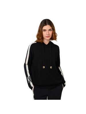 Sweater Elisabetta Franchi negro con líneas blancas y capucha para mujer